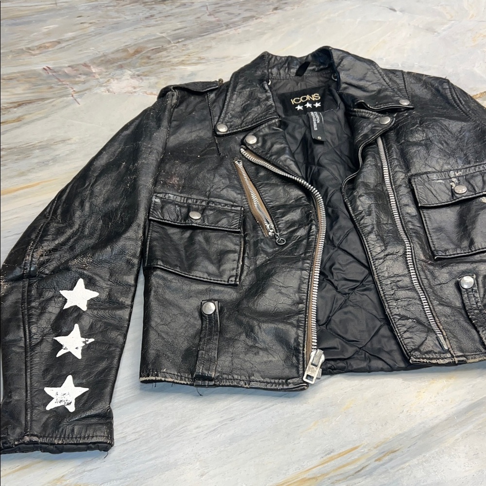Icons Black Leather Jacket distressed with Star Accents size small